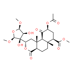 ChemSpider 2D Image | Methyl (2S,4aR,6aR,7R,9S,10aS,10bR)-9-acetoxy-2-[(2S,3S,4S,5R)-3,4-dihydroxy-2,5-dimethoxytetrahydro-3-furanyl]-6a,10b-dimethyl-4,10-dioxododecahydro-2H-benzo[f]isochromene-7-carboxylate | C25H36O12