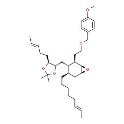ChemSpider 2D Image | (1R,2R,3S,4R,6S)-3-({(4S,5S)-2,2-Dimethyl-5-[(3E)-3-penten-1-yl]-1,3-dioxolan-4-yl}methyl)-2-{2-[(4-methoxybenzyl)oxy]ethyl}-4-[(6E)-6-octen-1-yl]-7-oxabicyclo[4.1.0]heptane | C35H54O5