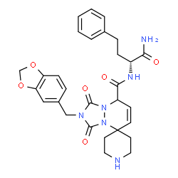 ChemSpider 2D Image | N-[(2R)-1-Amino-1-oxo-4-phenyl-2-butanyl]-2'-(1,3-benzodioxol-5-ylmethyl)-1',3'-dioxo-2',3'-dihydro-1'H,8'H-spiro[piperidine-4,5'-[1,2,4]triazolo[1,2-a]pyridazine]-8'-carboxamide | C29H32N6O6