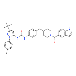ChemSpider 2D Image | 1-(4-{[1-(1H-Indol-5-ylcarbonyl)-4-piperidinyl]methyl}phenyl)-3-[1-(4-methylphenyl)-3-(2-methyl-2-propanyl)-1H-pyrazol-5-yl]urea | C36H40N6O2
