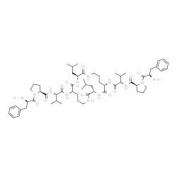 ChemSpider 2D Image | (2S,2'S)-N,N'-([(3S,6S,12S,15S)-3,12-Diisobutyl-2,5,11,14-tetraoxo-1,4,10,13-tetraazacyclooctadecane-6,15-diyl]bis{imino[(2S)-3-methyl-1-oxo-1,2-butanediyl]})bis{1-[(2R)-2-amino-3-phenylpropanoyl]-2-p
yrrolidinecarboxamide} | C60H92N12O10