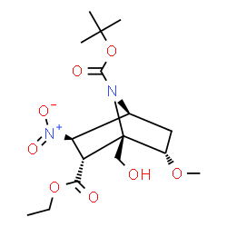 ChemSpider 2D Image | 2-Ethyl 7-(2-methyl-2-propanyl) (1R,2R,3R,4S,6S)-1-(hydroxymethyl)-6-methoxy-3-nitro-7-azabicyclo[2.2.1]heptane-2,7-dicarboxylate | C16H26N2O8
