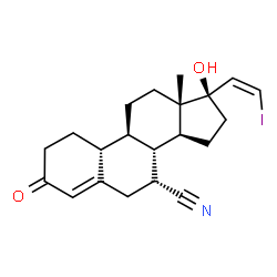 ChemSpider 2D Image | (7alpha,17alpha,20Z)-17-Hydroxy-21-iodo-3-oxo-19-norpregna-4,20-diene-7-carbonitrile | C21H26INO2