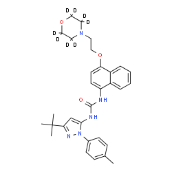 ChemSpider 2D Image | 1-[1-(4-Methylphenyl)-3-(2-methyl-2-propanyl)-1H-pyrazol-5-yl]-3-(4-{2-[(~2~H_8_)-4-morpholinyl]ethoxy}-1-naphthyl)urea | C31H29D8N5O3