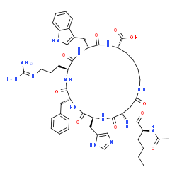 ChemSpider 2D Image | (3R,6S,9R,12S,15S,23S)-15-[(N-Acetyl-L-norleucyl)amino]-9-benzyl-6-{3-[(diaminomethylene)amino]propyl}-12-(1H-imidazol-5-ylmethyl)-3-(1H-indol-3-ylmethyl)-2,5,8,11,14,17-hexaoxo-1,4,7,10,13,18-hexaaza
cyclotricosane-23-carboxylic acid | C50H68N14O10