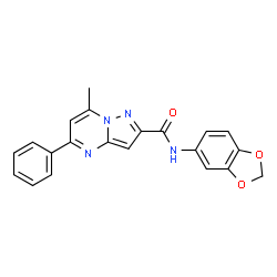 ChemSpider 2D Image | N-(1,3-Benzodioxol-5-yl)-7-methyl-5-phenylpyrazolo[1,5-a]pyrimidine-2-carboxamide | C21H16N4O3