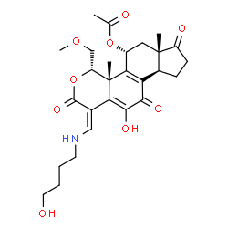 ChemSpider 2D Image | (1Z,4S,4aR,5R,6aS,9aR)-11-Hydroxy-1-{[(4-hydroxybutyl)amino]methylene}-4-(methoxymethyl)-4a,6a-dimethyl-2,7,10-trioxo-1,2,4,4a,5,6,6a,7,8,9,9a,10-dodecahydroindeno[4,5-h]isochromen-5-yl acetate | C27H35NO9