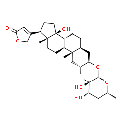 ChemSpider 2D Image | 4-[(1R,3aS,3bR,5aS,6aR,7aS,9R,11S,11aS,12aR,13aS,13bS,15aR)-3a,11,11a-Trihydroxy-9,13a,15a-trimethylicosahydro-1H,7aH-cyclopenta[7,8]phenanthro[2,3-b]pyrano[3,2-e][1,4]dioxin-1-yl]-2(5H)-furanone | C29H42O8