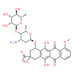 ChemSpider 2D Image | (1S,3S)-3-Acetyl-3,5,12-trihydroxy-10-methoxy-6,11-dioxo-1,2,3,4,6,11-hexahydro-1-tetracenyl 3-amino-2,3,6-trideoxy-4-O-(6-deoxy-alpha-L-mannopyranosyl)-alpha-L-lyxo-hexopyranoside | C33H39NO14