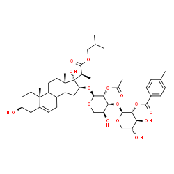 ChemSpider 2D Image | (2S,3R,4S,5R)-2-{[(2S,3R,4S,5S)-3-Acetoxy-2-({(3S,10R,13S,16S,17S)-3,17-dihydroxy-17-[(2S)-1-isobutoxy-1-oxo-2-propanyl]-10,13-dimethyl-2,3,4,7,8,9,10,11,12,13,14,15,16,17-tetradecahydro-1H-cyclopenta
[a]phenanthren-16-yl}oxy)-5-hydroxytetrahydro-2H-pyran-4-yl]oxy}-4,5-dihydroxytetrahydro-2H-pyran-3-yl 4-methylbenzoate | C46H66O15