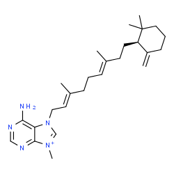 ChemSpider 2D Image | 6-Amino-7-{(2E,6E)-9-[(1S)-2,2-dimethyl-6-methylenecyclohexyl]-3,7-dimethyl-2,6-nonadien-1-yl}-9-methyl-7H-purin-9-ium | C26H40N5