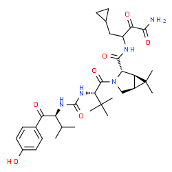 ChemSpider 2D Image | (1R,2S,5S)-N-(4-Amino-1-cyclopropyl-3,4-dioxo-2-butanyl)-3-(N-{[(2S)-1-(4-hydroxyphenyl)-3-methyl-1-oxo-2-butanyl]carbamoyl}-3-methyl-L-valyl)-6,6-dimethyl-3-azabicyclo[3.1.0]hexane-2-carboxamide | C33H47N5O7