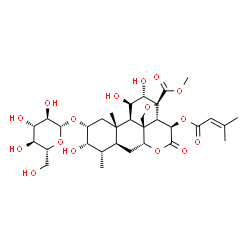 ChemSpider 2D Image | Methyl (2alpha,3alpha,11beta,12alpha,13beta,15beta)-2-(beta-D-glucopyranosyloxy)-3,11,12-trihydroxy-15-[(3-methyl-2-butenoyl)oxy]-16-oxo-13,20-epoxypicrasan-21-oate | C32H46O16