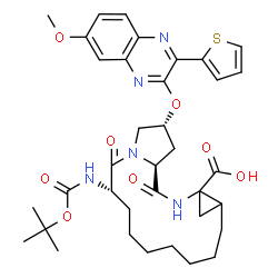 ChemSpider 2D Image | (2R,6S,16aS)-2-{[7-Methoxy-3-(2-thienyl)-2-quinoxalinyl]oxy}-6-({[(2-methyl-2-propanyl)oxy]carbonyl}amino)-5,16-dioxohexadecahydrocyclopropa[e]pyrrolo[1,2-a][1,4]diazacyclopentadecine-14a(5H)-carboxyl
ic acid | C36H45N5O8S