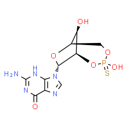 ChemSpider 2D Image | 2-Amino-9-[(1R,6R,8R,9R)-3,9-dihydroxy-3-sulfido-2,4,7-trioxa-3-phosphabicyclo[4.2.1]non-8-yl]-3,9-dihydro-6H-purin-6-one | C10H12N5O6PS