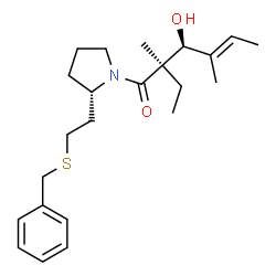 ChemSpider 2D Image | (2R,3S,4E)-1-{(2S)-2-[2-(Benzylsulfanyl)ethyl]-1-pyrrolidinyl}-2-ethyl-3-hydroxy-2,4-dimethyl-4-hexen-1-one | C23H35NO2S