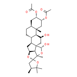 ChemSpider 2D Image | (2alpha,3alpha,5alpha,11beta,18R,22S,24S)-11,18-Dihydroxy-24-methyl-18,20:22,25-diepoxyfurostan-2,3-diyl diacetate | C32H48O9