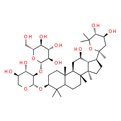 ChemSpider 2D Image | (2S,3R,4S,5S,6R)-2-{[(2S,3R,4S,5R)-2-({(3S,8R,9R,10R,12R,13R,14R,17S)-17-[(2S,4S,5R)-4,5-Dihydroxy-2,6,6-trimethyltetrahydro-2H-pyran-2-yl]-12-hydroxy-4,4,8,10,14-pentamethylhexadecahydro-1H-cyclopent
a[a]phenanthren-3-yl}oxy)-4,5-dihydroxytetrahydro-2H-pyran-3-yl]oxy}-6-(hydroxymethyl)tetrahydro-2H-pyran-3,4,5-triol | C41H70O14