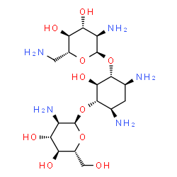 ChemSpider 2D Image | (1R,2S,3S,4R,6S)-4,6-Diamino-3-[(2-amino-2-deoxy-alpha-D-glucopyranosyl)oxy]-2-hydroxycyclohexyl 2,6-diamino-2,6-dideoxy-alpha-D-glucopyranoside | C18H37N5O10