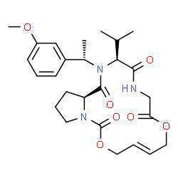 ChemSpider 2D Image | (3S,10E,18aS)-3-Isopropyl-2-[(1S)-1-(3-methoxyphenyl)ethyl]-2,3,5,6,9,12,16,17,18,18a-decahydro-1H-pyrrolo[1,2-c][1,12,3,6,9]dioxatriazacyclohexadecine-1,4,7,14-tetrone | C26H35N3O7