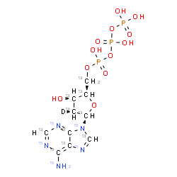 ChemSpider 2D Image | 9-[2-Deoxy-5-O-(hydroxy{[hydroxy(phosphonooxy)phosphoryl]oxy}phosphoryl)-beta-D-(~13~C_5_,2-~2~H_1_)arabinofuranosyl](~13~C_5_,~15~N_4_)-9H-purin-6-(~15~N)amine | 13C10H15D15N5O12P3