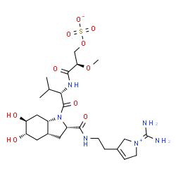 ChemSpider 2D Image | (2R)-3-({(2S)-1-[(2S,3aR,5S,6S,7aS)-2-({2-[1-(Diaminomethylene)-2,5-dihydro-1H-pyrrolium-3-yl]ethyl}carbamoyl)-5,6-dihydroxyoctahydro-1H-indol-1-yl]-3-methyl-1-oxo-2-butanyl}amino)-2-methoxy-3-oxoprop
yl sulfate | C25H42N6O10S