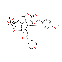 ChemSpider 2D Image | (6R,8S,9R,12R,16S,17R)-12,17-Dihydroxy-6-[(4-methoxybenzyl)oxy]-16-methyl-8-(2-methyl-2-propanyl)-5,15,18-trioxo-2,4,14,19-tetraoxahexacyclo[8.7.2.0~1,11~.0~3,7~.0~7,11~.0~13,17~]nonadec-9-yl 4-morpho
linecarboxylate | C33H39NO14