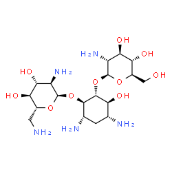 ChemSpider 2D Image | (1R,2R,3S,4R,6S)-4,6-Diamino-2-[(2-amino-2-deoxy-beta-D-glucopyranosyl)oxy]-3-hydroxycyclohexyl 2,6-diamino-2,6-dideoxy-alpha-D-glucopyranoside | C18H37N5O10