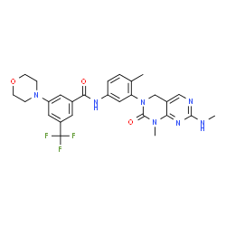 ChemSpider 2D Image | N-{4-Methyl-3-[1-methyl-7-(methylamino)-2-oxo-1,4-dihydropyrimido[4,5-d]pyrimidin-3(2H)-yl]phenyl}-3-(4-morpholinyl)-5-(trifluoromethyl)benzamide | C27H28F3N7O3