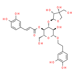 ChemSpider 2D Image | 2-(3,4-Dihydroxyphenyl)ethyl 3-O-[(2S,3R,4R)-3,4-dihydroxy-4-(hydroxymethyl)tetrahydro-2-furanyl]-4-O-[(2E)-3-(3,4-dihydroxyphenyl)-2-propenoyl]-beta-D-glucopyranoside | C28H34O15
