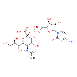 ChemSpider 2D Image | (2R,4S,5R,6R)-2-{[{[(2R,3S,4R,5R)-5-(4-Amino-2-oxo-1(2H)-pyrimidinyl)-3,4-dihydroxytetrahydro-2-furanyl]methoxy}[(~18~O)hydroxy](~18~O)phosphoryl]oxy}-5-[(2-~14~C)ethanoylamino]-4-hydroxy-6-[(1R,2R)-1
,2,3-trihydroxypropyl]tetrahydro-2H-pyran-2-carboxylic acid | C1914CH31N4O1418O2P
