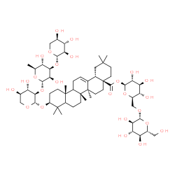 ChemSpider 2D Image | 6-O-beta-D-Glucopyranosyl-1-O-[(3beta,5xi,9xi)-28-oxo-3-{[beta-D-xylopyranosyl-(1->3)-6-deoxy-alpha-L-mannopyranosyl-(1->2)-beta-D-xylopyranosyl]oxy}olean-12-en-28-yl]-beta-D-glucopyranose | C58H94O25