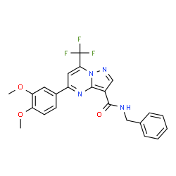 ChemSpider 2D Image | N-Benzyl-5-(3,4-dimethoxyphenyl)-7-(trifluoromethyl)pyrazolo[1,5-a]pyrimidine-3-carboxamide | C23H19F3N4O3