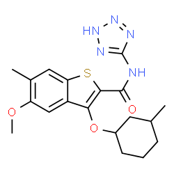 ChemSpider 2D Image | 5-Methoxy-6-methyl-3-((3-methylcyclohexyl)oxy)-N-(2H-tetrazol-5-yl)benzo[b]thiophene-2-carboxamide | C19H23N5O3S
