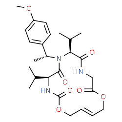 ChemSpider 2D Image | (4S,7S,14E)-4,7-Diisopropyl-6-[(1R)-1-(4-methoxyphenyl)ethyl]-1,12-dioxa-3,6,9-triazacyclohexadec-14-ene-2,5,8,11-tetrone | C26H37N3O7