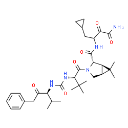 ChemSpider 2D Image | (1R,2S,5S)-N-(4-Amino-1-cyclopropyl-3,4-dioxo-2-butanyl)-6,6-dimethyl-3-(3-methyl-N-{[(3S)-4-methyl-2-oxo-1-phenyl-3-pentanyl]carbamoyl}-L-valyl)-3-azabicyclo[3.1.0]hexane-2-carboxamide | C34H49N5O6