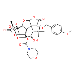 ChemSpider 2D Image | (6R,8S,9R,12R,16S,17R)-9,17-Dihydroxy-6-[(4-methoxybenzyl)oxy]-16-methyl-8-(2-methyl-2-propanyl)-5,15,18-trioxo-2,4,14,19-tetraoxahexacyclo[8.7.2.0~1,11~.0~3,7~.0~7,11~.0~13,17~]nonadec-12-yl 4-morpho
linecarboxylate | C33H39NO14