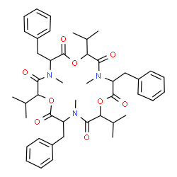 ChemSpider 2D Image | 3,9,15-Tribenzyl-6,12,18-triisopropyl-4,10,16-trimethyl-1,7,13-trioxa-4,10,16-triazacyclooctadecane-2,5,8,11,14,17-hexone | C45H57N3O9