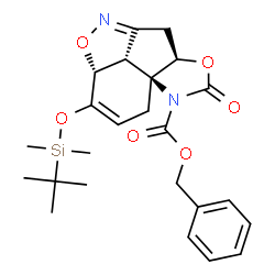 ChemSpider 2D Image | Benzyl (3aR,6aS,9aR,9bS)-9-{[dimethyl(2-methyl-2-propanyl)silyl]oxy}-5-oxo-3,3a,9a,9b-tetrahydro-7H-[1,3]oxazolo[5',4':3,3a]indeno[1,7-cd][1,2]oxazole-6(5H)-carboxylate | C24H30N2O6Si