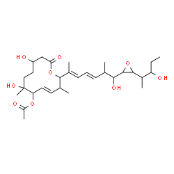 ChemSpider 2D Image | 4-{(1E,3E)-4-[(4E)-6-Acetoxy-7,10-dihydroxy-3,7-dimethyl-12-oxooxacyclododec-4-en-2-yl]-1,3-pentadien-1-yl}-1,2-anhydro-4,5-dideoxy-1-(3-hydroxy-2-pentanyl)pentitol | C30H48O9