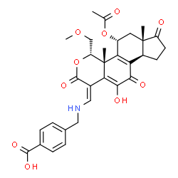 ChemSpider 2D Image | 4-[({(Z)-[(4S,4aR,5R,6aS,9aR)-5-Acetoxy-11-hydroxy-4-(methoxymethyl)-4a,6a-dimethyl-2,7,10-trioxo-4,4a,5,6,6a,7,8,9,9a,10-decahydroindeno[4,5-h]isochromen-1(2H)-ylidene]methyl}amino)methyl]benzoic aci
d | C31H33NO10