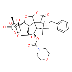 ChemSpider 2D Image | (6R,8S,9R,12R,16S,17R)-6-(Benzyloxy)-12,17-dihydroxy-16-methyl-8-(2-methyl-2-propanyl)-5,15,18-trioxo-2,4,14,19-tetraoxahexacyclo[8.7.2.0~1,11~.0~3,7~.0~7,11~.0~13,17~]nonadec-9-yl 4-morpholinecarboxy
late | C32H37NO13