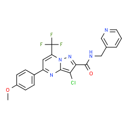 ChemSpider 2D Image | 3-Chloro-5-(4-methoxyphenyl)-N-(3-pyridinylmethyl)-7-(trifluoromethyl)pyrazolo[1,5-a]pyrimidine-2-carboxamide | C21H15ClF3N5O2