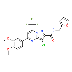ChemSpider 2D Image | 3-Chloro-5-(3,4-dimethoxyphenyl)-N-(2-furylmethyl)-7-(trifluoromethyl)pyrazolo[1,5-a]pyrimidine-2-carboxamide | C21H16ClF3N4O4