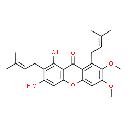 ChemSpider 2D Image | 1,3-Dihydroxy-6,7-dimethoxy-2,8-bis(3-methyl-2-buten-1-yl)-9H-xanthen-9-one | C25H28O6