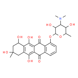 ChemSpider 2D Image | 6,8,10,11-Tetrahydroxy-8-methyl-5,12-dioxo-5,7,8,9,10,12-hexahydro-1-tetracenyl 3,6-dideoxy-3-(dimethylamino)hexopyranoside | C27H31NO10