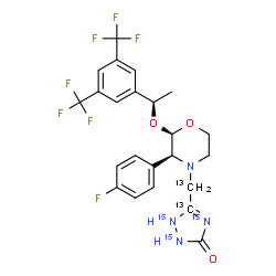 ChemSpider 2D Image | 5-{[(2R,3S)-2-{(1R)-1-[3,5-Bis(trifluoromethyl)phenyl]ethoxy}-3-(4-fluorophenyl)-4-morpholinyl](~13~C)methyl}(5-~13~C,~15~N_3_)-1,2-dihydro-3H-1,2,4-triazol-3-one | C2113C2H21F7N15N3O3