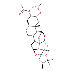 ChemSpider 2D Image | (1'R,2S,2'S,3'S,4S,6'S,8'S,9'R,11'S,12'S,13'S,15'R,17'R,20'S,21'R)-4,5,5,11',17'-Pentamethyldihydro-3H-spiro[furan-2,18'-[14,16,19]trioxaheptacyclo[11.8.1.1~2,20~.0~1,15~.0~3,12~.0~6,11~.0~17,21~]tric
osane]-8',9'-diyl diacetate | C32H46O8