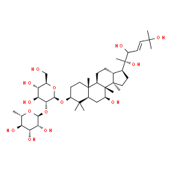 ChemSpider 2D Image | (3beta,7beta,20S,23E)-7,20,22,25-Tetrahydroxydammar-23-en-3-yl 2-O-(6-deoxy-alpha-L-mannopyranosyl)-beta-D-glucopyranoside | C42H72O14