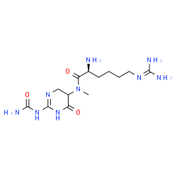 ChemSpider 2D Image | N-[2-(Carbamoylamino)-6-oxo-1,4,5,6-tetrahydro-5-pyrimidinyl]-N~6~-(diaminomethylene)-N-methyl-L-lysinamide | C13H25N9O3